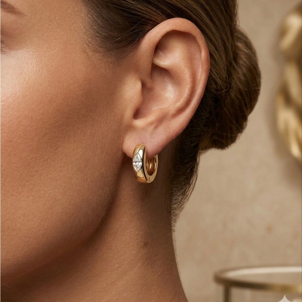 14K Gold Plated Hoop Huggie Earrings with Marquise Accent - Women Jewelry - Picture 2 of 4